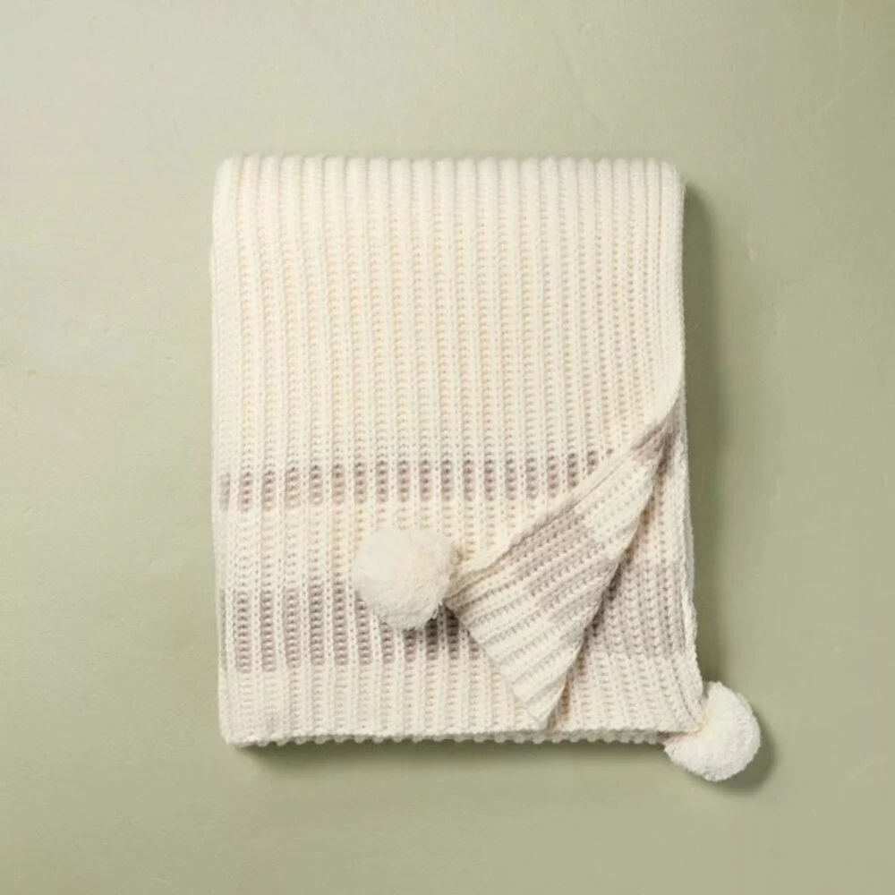 Border Stripe Rib Knit‎ Throw Blanket Beige - Hearth & Hand Magnolia, Target